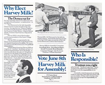 HARVEY MILK (1930-1978) Campaign flyer from his only campaign for state office.